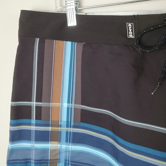 Aftco Bluewater Board Shorts Mens 42 Blue Brown‎ Plaid Beach Zippered Pockets - Picture 13 of 16